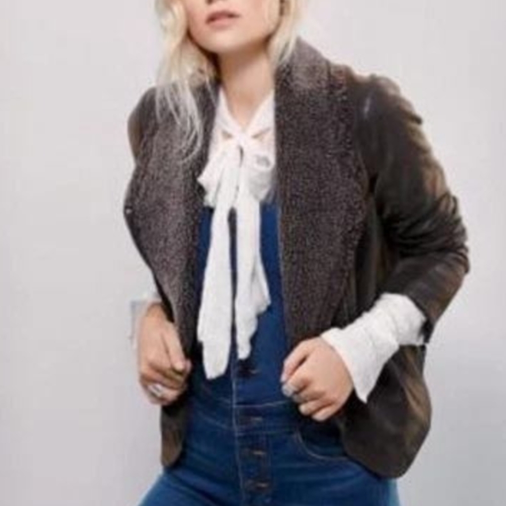 Free People Dark Brown Leather Jacket with Shearling Collar